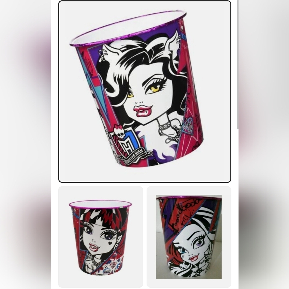Monster High Pink Plastic Trash Basket Purple and Blue Girls Room Wastebasket